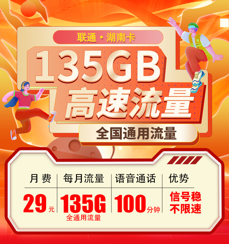 联通湖南卡29元135G+100分钟
