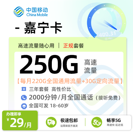 移动嘉宁卡29元享250G流量+2000分钟通话【全国可发】